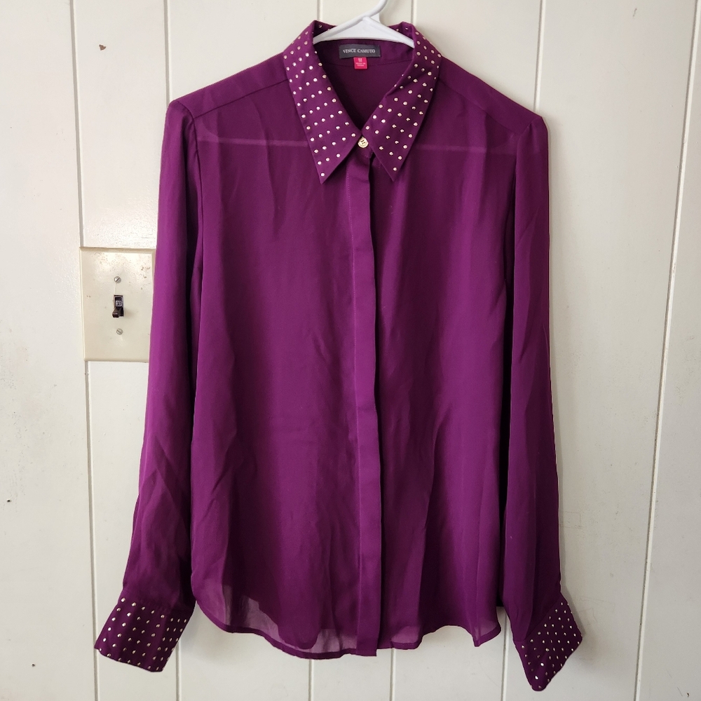 Vince Camuto Deep Purple Shear Button Down Studded Top Size M
